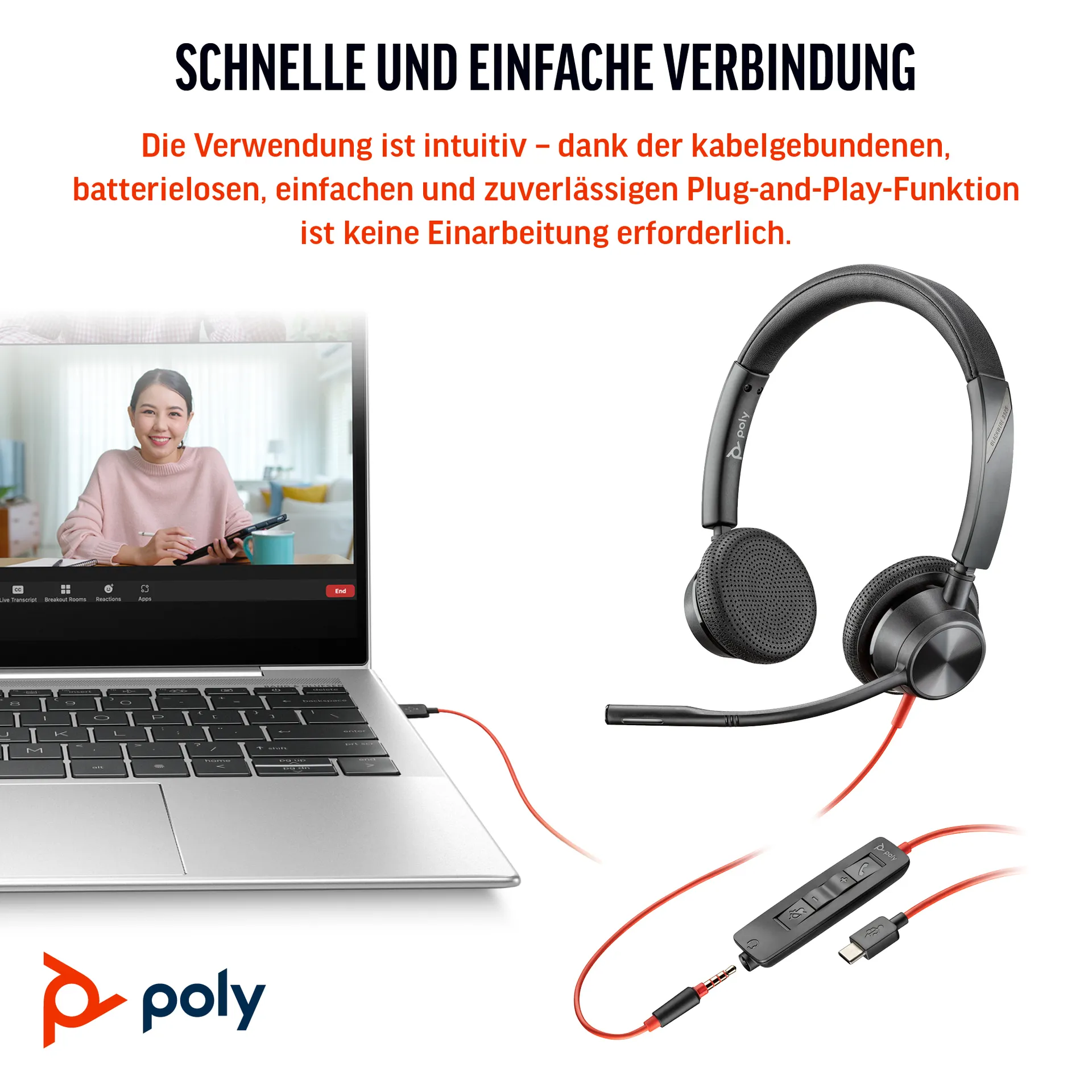 HP Poly Blackwire 3325 USB-C Stereo-Headset, zertifiziert für Microsoft Teams, + 3,5-mm-Stecker + USB-C/A-Adapter – Bild 5