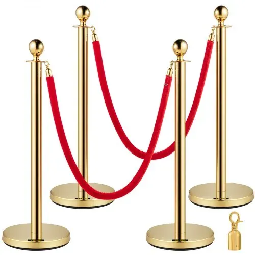 VEVOR Edelstahl Absperrpfosten Seil Abgrenzungsständer Kugelkopf 2 Rote Samtseile Goldene Säule 4 Packung Crowd Control Barriers VEVOR Edelstahl Absperrpfosten Seil Abgrenzungsständer Kugelkopf 2 Rote Samtseile Goldene Säule 4 Packung Crowd Control Barriers
