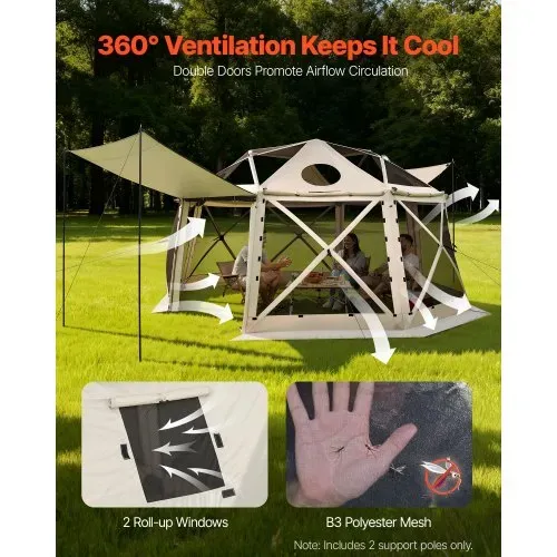 VEVOR Pop-up-Pavillon, 4,57 x 4,57 m, 13-seitiges, kugelförmiges Campingzelt mit abnehmbarem Dach und Tragetasche, 360°-Belüftung, Sonnenschutz, Partyzelt für 12–15 Personen, Beige – Bild 5