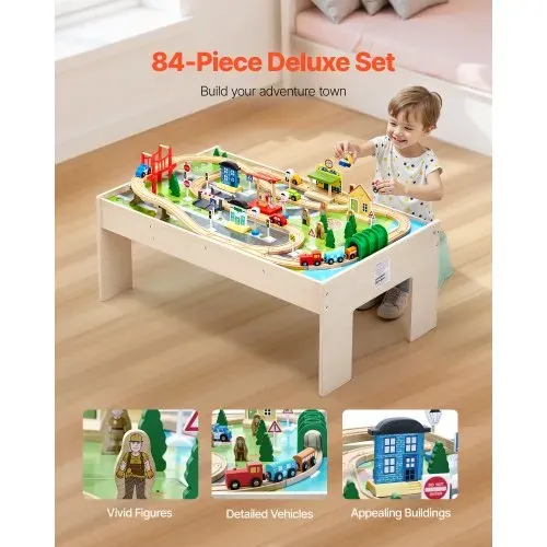 VEVOR Holz Aktivitätstisch, 84-teilig, mit zusammenklappbarem Aufbewahrungsbehälter, 3-in-1-Eisenbahnset zum Spielen, Malen, Lesen, Essen, kreatives Spielzeugset für Kinder ab 3 Jahren – Bild 2