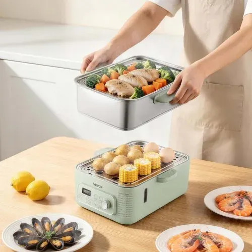 VEVOR Elektrischer Dampfgarer 13 L mit 2 Garebenen Edelstahl 1500 W Grün, Gemüse- und Speisegarer für 3–6 Personen mit 9 Voreingestellten Programmen, Warmhaltefunktion, für Gemüse, Meeresfrüchte und Reis – Bild 7