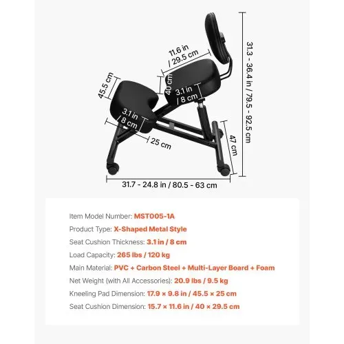 VEVOR Ergonomischer Kniestuhl mit Rollen & Rückenlehne, Höhenverstellbarer Kniehocker in X-Form mit Dicken Schaumstoffpolstern, zur Entlastung von Nacken & Rücken, für Zuhause, Büro & Meditation – Bild 6