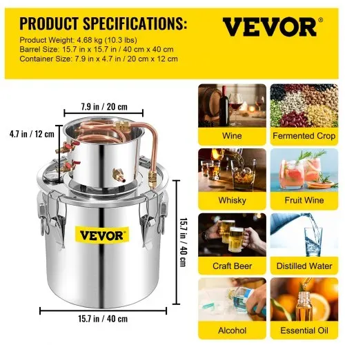 VEVOR Distillieranlage Moonshine, 50 L Wasser Alkohol Destillierer Moonshine Φ 40 x 40 cm Kesselfass-Größe, Moonshine Still Distiller mit zweifacher Temperaturregelung, Destilliergerät Alkohol – Bild 6