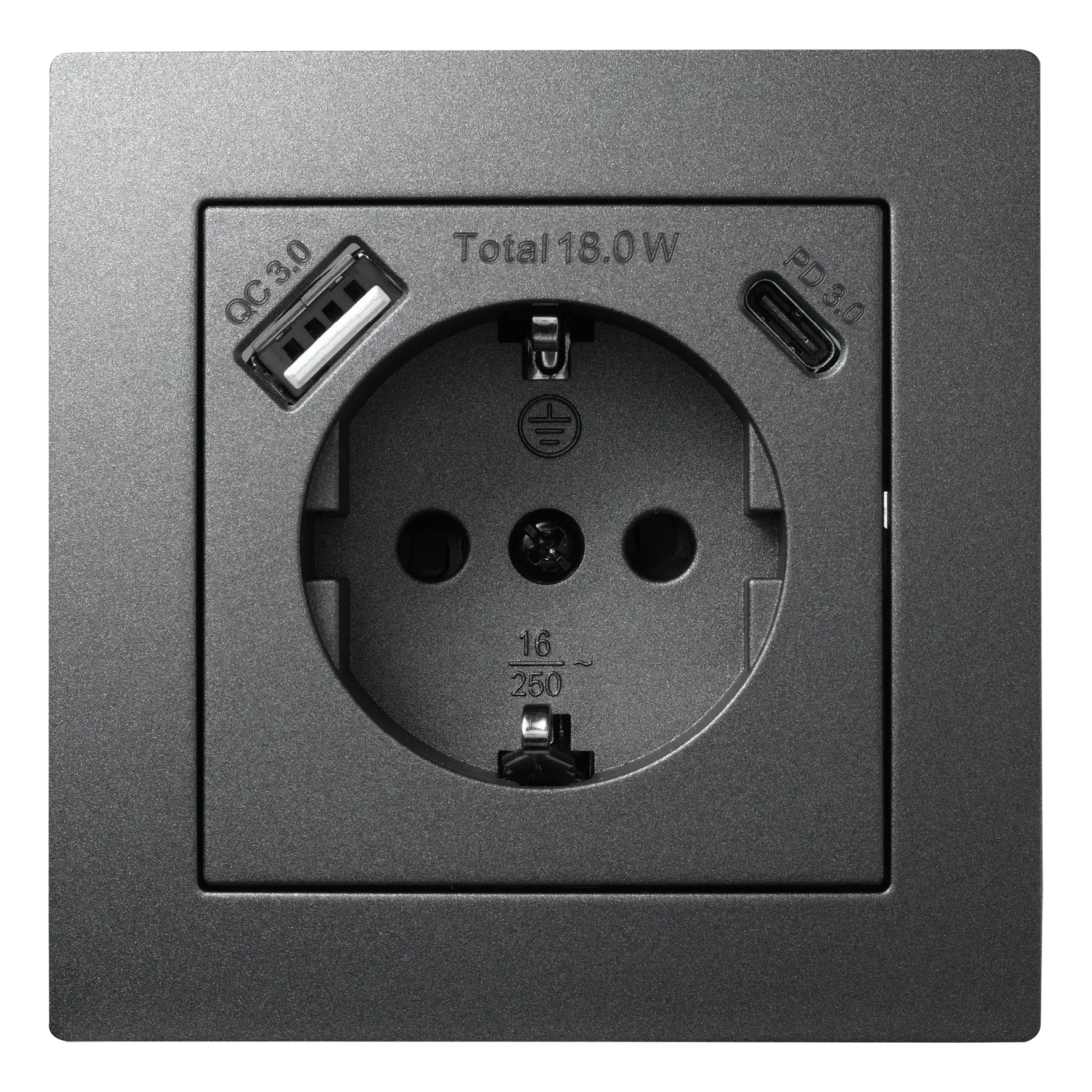 Schutzkontakt-Steckdose McPower “Flair“ 1x USB-C 18W PD, 1x USB-A, anthrazit Schutzkontakt-Steckdose McPower “Flair“ 1x USB-C 18W PD, 1x USB-A, anthrazit