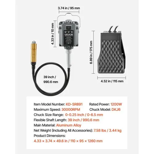 VEVOR Elektrische Drehwerkzeug, 1200 W, 30.000 U/min, Flexshaft-Rotationswerkzeug mit Fußpedalsteuerung, Hängemühle mit 112-tlg. Zubehör, Schnellschleife zum Schleifen, Polieren & Trennen – Bild 6