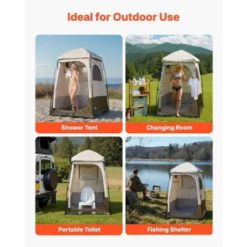 VEVOR Duschzelt mit 1 Raum, Wasserfestes Toilettenzelt (145x145x215 cm), Umkleidezelt inkl. Heringen & Seilen & Tragetasche & Querstange, aus 210D Oxford-Gewebe für Camping Strand Angeln Khaki – Bild 5