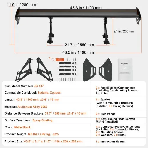 VEVOR GT Wing Autospoiler, 110 cm Universalspoiler mit Einzeldeck, verstellbares leichtes Aluminium, Auto-Heckspoilerflügel, Rennspoiler BGW/JDM Drift Schwarz – Bild 6