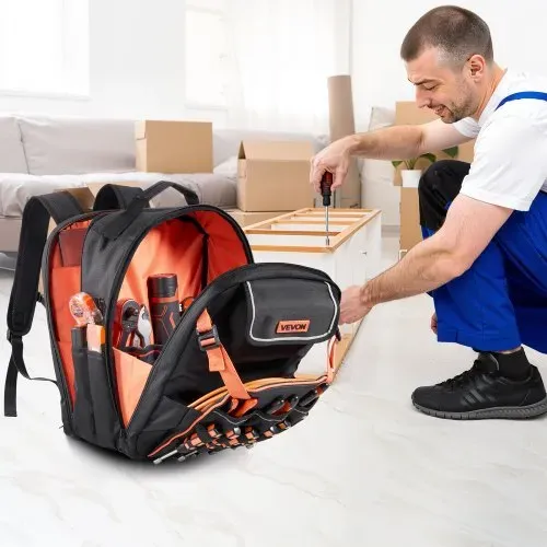VEVOR Werkzeugrucksack, 45 Taschen, Werkzeug-Aufbewahrungs-Organizer, Backpack mit Laptopfach und verstärktem Stoffboden, Werkzeugtasche, Baustellenrucksack für Elektriker, Handwerker – Bild 7