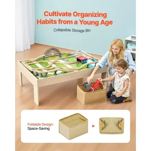 VEVOR Holz Aktivitätstisch, 120-teilig, mit zusammenklappbarem Aufbewahrungsbehälter, 3-in-1-Eisenbahn-Set zum Spielen, Malen, Lesen, Essen, kreatives Spielzeug-Set für Kinder ab 3 Jahren – Bild 4