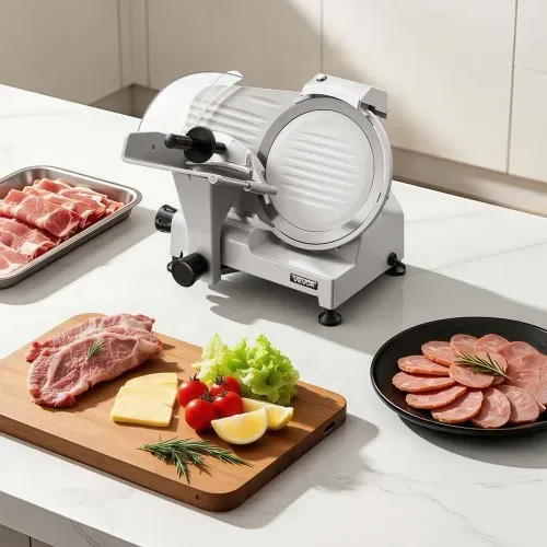 VEVOR Gewerbliche Fleischschneidemaschine 300 W, Elektrische Aufschnittmaschine mit Abnehmbarer 25 cm Kohlenstoffstahl-Klinge, 0–12 mm Schnittdicke, für Gefrorenes Fleisch, Schinken, Baguette, Steak – Bild 7