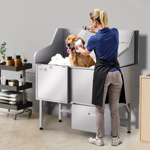 VEVOR 304 Edelstahl-Hundewaschstation, 127 cm große Pflegebadewanne mit rutschfester, flacher Rampe, Schublade, Warm- und Kaltwasserhahn, All-in-One-Badewanne für Pflegesalons, für alle Größen geeignet (linke Tür) – Bild 7