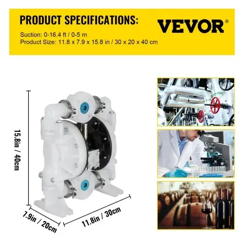 VEVOR Luftbetriebene Doppelmembranpumpe, 2,54cm / 25mm Einlass/Auslass, 136 L/min Polypropylen, max. 7 bar / 100 psi für den chemischen und industriellen Einsatz – Bild 6