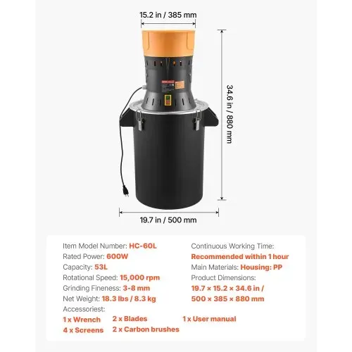 VEVOR Elektrische Getreidemühle 53 L, Gewürzmühle 600 W, Gewürzmühle mit verzinkten & scharfen Klingen, Pulverisiermaschine für Trockenes Getreide Gewürze Müsli Kaffee Mais 500x385x880 mm – Bild 6