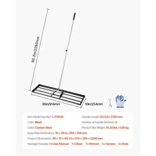 VEVOR Rasenrakel, Levelingrake mit 213 cm Griff, 914x254 mm Bodenplatte, rostbeständiger Nivellierrechen aus Karbonstahl, 3 Höhen verstellbar, Rasennivellierungswerkzeug für den Garten & Golfplätze – Bild 6