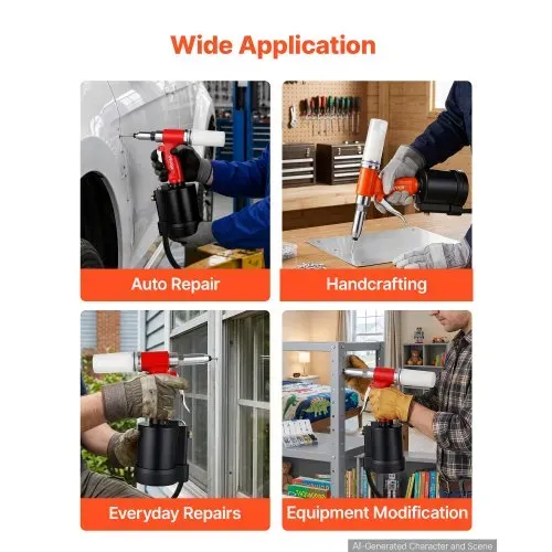 VEVOR Druckluft Nietmutternzange Set mit Nasenstücken 2,4/3,2/4,0/4,8/6,4mm, Pneumatische Blindnietzange Set für Automobil Industrie Heimwerkerprojekt, 1780kg Zugkraft, Max. 16mm Hub, 360° Nietengriff – Bild 5