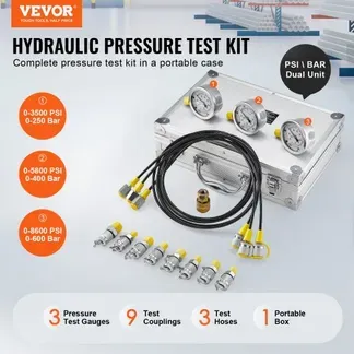 VEVOR Hydraulikdruck-Testset, 250 / 400 / 600 bar, 3 Messgeräte, 9 Prüfkupplungen, 3 Prüfschläuche, Bagger-Hydraulik-Testmessgeräte-Set mit Tragbarer Tragetasche für Bagger, Traktoren, Baumaschinen VEVOR Hydraulikdruck-Testset, 250 / 400 / 600 bar, 3 Messgeräte, 9 Prüfkupplungen, 3 Prüfschläuche, Bagger-Hydraulik-Testmessgeräte-Set mit Tragbarer Tragetasche für Bagger, Traktoren, Baumaschinen