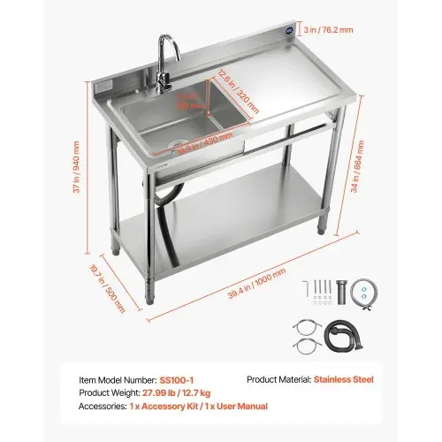 VEVOR Spültisch Spülbecken Edelstahl (100 x 50 x 94 cm), Einzelbecken mit Wasserhahn & Ablage, Küchenspüle für Garage Restaurant Wäscherei, Waschtisch Außenspüle mit Arbeitsplatte (recht) – Bild 6