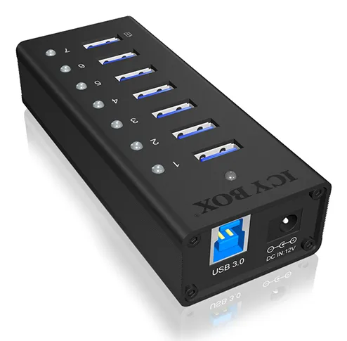 ICY BOX IB-AC618, 7 Port USB 3.2 Gen 1 Hub mit 1x Tablettladeport, Vollmetall, mit 12V 3A Netzteil, schwarz ICY BOX IB-AC618, 7 Port USB 3.2 Gen 1 Hub mit 1x Tablettladeport, Vollmetall, mit 12V 3A Netzteil, schwarz