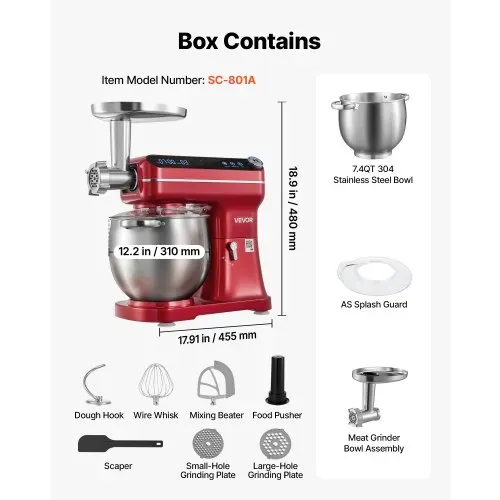 VEVOR Multifunktionale Küchenmaschine mit Kippkopf 7 L 2 in 1 1000 W Rot, Rührmaschine für Teig Sahne Rührteig und Fleisch, Knetmaschine mit Rührschüssel Knethaken Rührbesen und Schneebesen – Bild 5