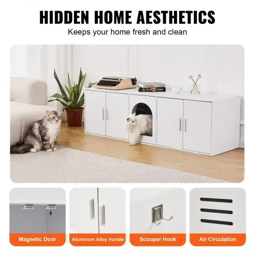 VEVOR Katzentoilettengehäuse für 2 Katzen, Katzentoilettenmöbel versteckt mit Doppelzimmern, Katzentoilettenschrank aus Holz passt in die meisten Katzentoiletten, 57,9"L x 18,3"B x 17,9"H, weiß – Bild 6
