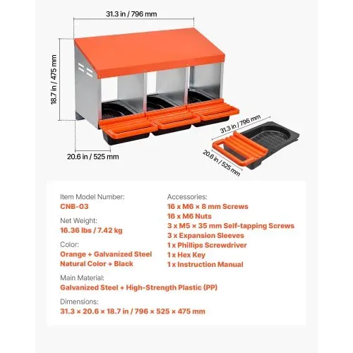VEVOR Legenest 796x525x475 mm, 3 Fächer, Hühnernest aus Metall mit Lüftungslöchern & Schutzdeckeln, Abrollnest, Geflügelnest ideal für Hennen, Enten, Hühner & anderes Geflügel, Orange – Bild 6