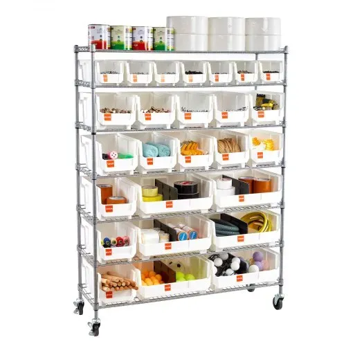 VEVOR Standregal, Lagerregal mit 7 Ebenen & 26 Stapelboxen, Bücherregal, Küchenregal mit Rollen, Fahrregal für Garage, Lager, Büro, Restaurant, Klassenzimmer, Küche, 355x1110x1480 mm – Bild 8