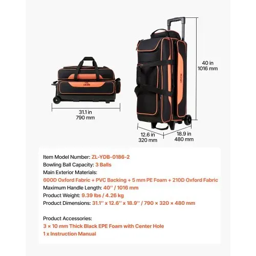 VEVOR Bowlingtasche mit Rollen für 3 Kugeln 600D Oxford Orange Schwarz, für Schuhe bis US-Größe 16 und Zubehör, mit Teleskopgriff (bis zu 1016 mm), Doppellagigen Ablagen und Verstärkten Nähten – Bild 6