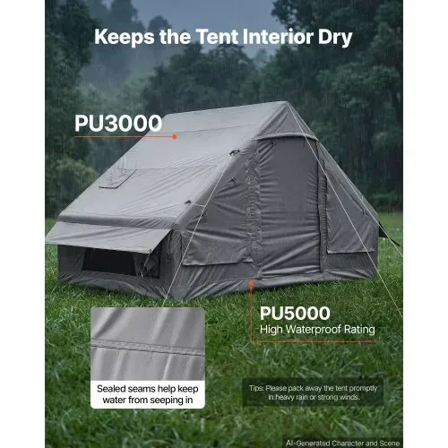 VEVOR Aufblasbares Zelt Campingzelt Luftzelt 2-4 Personen mit Pumpe Grau, für Outdoor-Aktivitäten Wasserabweisendes 420D Oxford-Gewebe Dachfenster Ofenrohrdurchführung Netzfenster & Tragetasche – Bild 5
