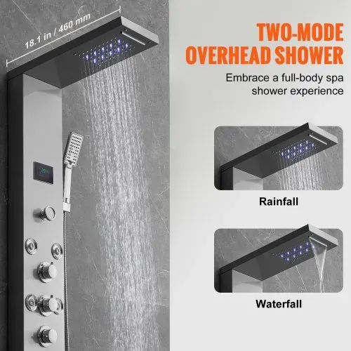 VEVOR Duschpaneelsystem, 6 Duschmodi, LED- und Bildschirm-Wasserkraft-Duschpaneelturm, Regenfall, Wasserfall, 8 Massagedüsen, Wannenauslauf, Handbrause, Wandduschset aus Edelstahl – Bild 2