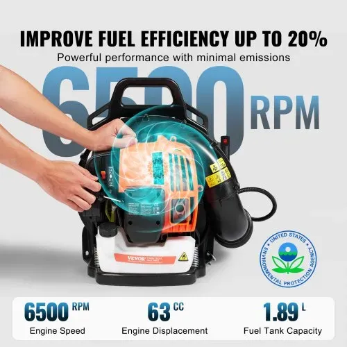 VEVOR Laubbläser als Rucksack, 63 CC 2-Takt Benzin-Laubbläser mit 1,89 l Kraftstofftank, 1110 CFM Luftvolumen, 220 MPH Geschwindigkeit, ideal für Rasenpflege, Laubreinigung und Schneeräumung – Bild 2
