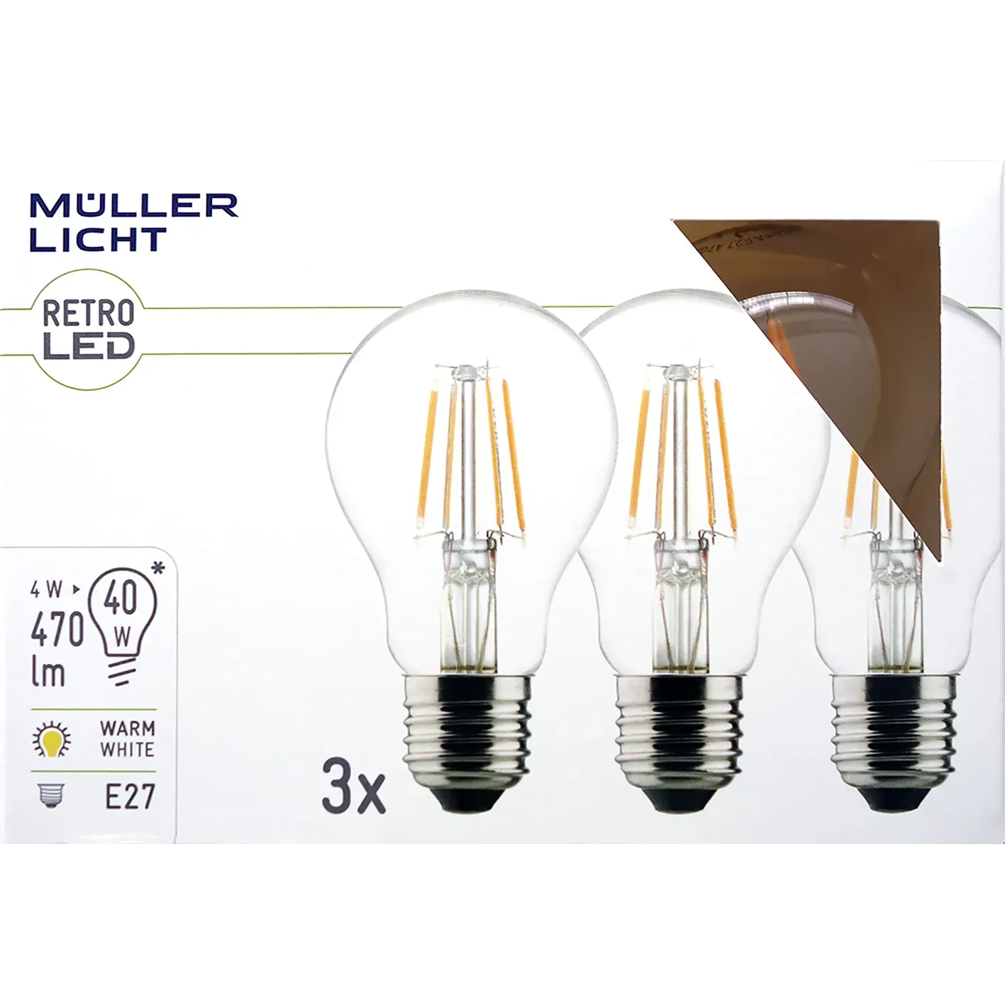LED Filament Glühlampe, E27, 4W, 470lm, 2700K, warmweiß, 3er Set LED Filament Glühlampe, E27, 4W, 470lm, 2700K, warmweiß, 3er Set