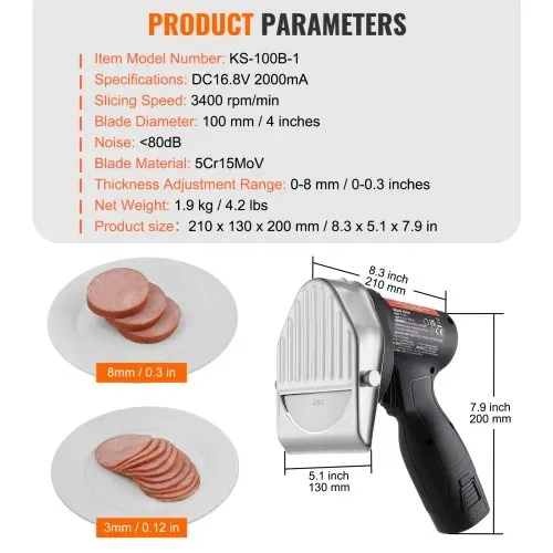 VEVOR Dönnerschneider 80 W Kebabschneider, Kabelloses Elektromesser Gyrosmesser, Türkisches Schawarma Dönermesser 0-8 mm Einstellbare Dicke, Commercial Kebab Slicer mit 100 mm Klingen Schwarz – Bild 6