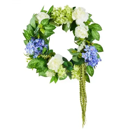 VEVOR Künstlicher Dekokranz, 58,42cm, Blau-Weiß-Grün, dekoriert mit Hortensien, Rosen, Beeren, Ranken, Türkranz ganzjährig, für drinnen & draußen, als Dekoration für Hauswände, Fenster & Festivals – Bild 8
