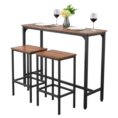 VEVOR Bartisch-Set (3-tlg.) mit 2 Barhocker & abgerundeten Kanten, rechteckiger Kneipentisch Stehtisch (120 x 40 x 90 cm), Bistrotisch Esstisch rustikales Braun Schwarz, geeignet für Büro Minibar – Bild 9