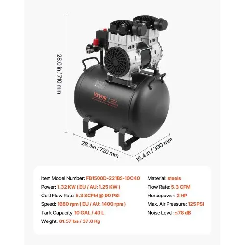 VEVOR-Luftkompressor, 10 Gallonen Stahltank, 2 PS 5,3 CFM@90 PSI ölfreier Luftkompressor und max. 125 PSI Druck, 78 dB ultraleiser tragbarer Kompressor, für Autoreparatur, Reifenbefüllung, Spritzlackierung – Bild 6