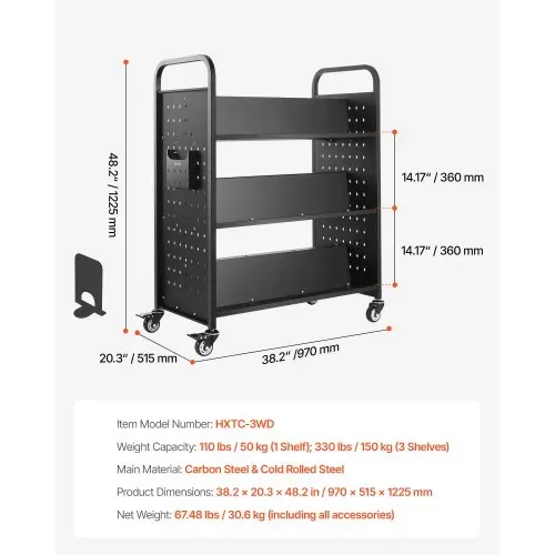 VEVOR Bücherwagen, 159 kg Tragkraft, Bibliothekswagen, 970x515x1225 mm, doppelseitiges W-förmiges Bücherregal mit Doppelbremsrollen, Abräumwagen für Wohnzimmer, Büro, Schule, Schwarz – Bild 6