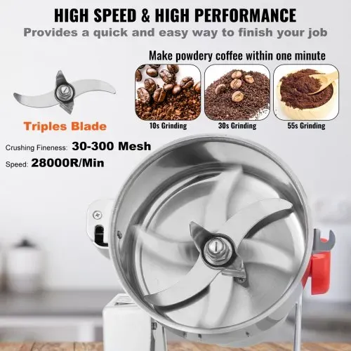 VEVOR elektrische Getreidemühle Hochgeschwindigkeits-Gewürzmühle 500 g mit 2000 W, Pulverisiermaschine aus Edelstahl, für trockene Körner Gewürze Müsli Kaffee Mais Pfeffer Schwenktyp 22 x 19 x 36 cm – Bild 3