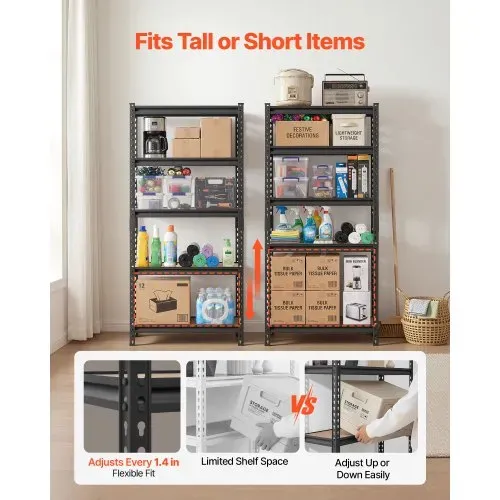 VEVOR Schwerlastregal 720x309x1520mm, 907,2kg Belastbares Lagerregal mit Stahlgestell 5 Verstellbaren MDF-Platten, Teilbares Steckregal als Werkbank, Flexibles Metallregal für Keller Garage Werkstatt – Bild 2