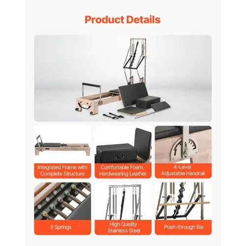 VEVOR Pilates Reformer Maschine aus Gummibaumholz für Fitnessstudio, Krafttrainingsgerät mit doppeltem Widerstand, Reformer-Box, Sprungbrett, für Fortgeschrittene & Anfänger, biz zu 181,44 kg – Bild 4