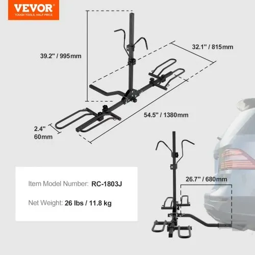 VEVOR Fahrradträger zur Anhängerkupplung, 2-Fahrrad-Plattform-Stil, 36 kg Kapazität, Fahrradträger-Kupplung für 31,75 / 50,8 mm Empfänger, Zusammenklappbarer Fahrradträger für Auto, SUV, Lkw usw. – Bild 6