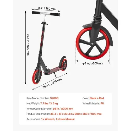 VEVOR Scooter (2 Räder) für Kinder ab 8 Jahren, Cityroller Straßenroller mit höhenverstellbarem Lenker & rutschfestem Deck & leichtem Rahmen, faltbarer Tretroller bis zu 100 kg, Schwarz + Rot – Bild 6