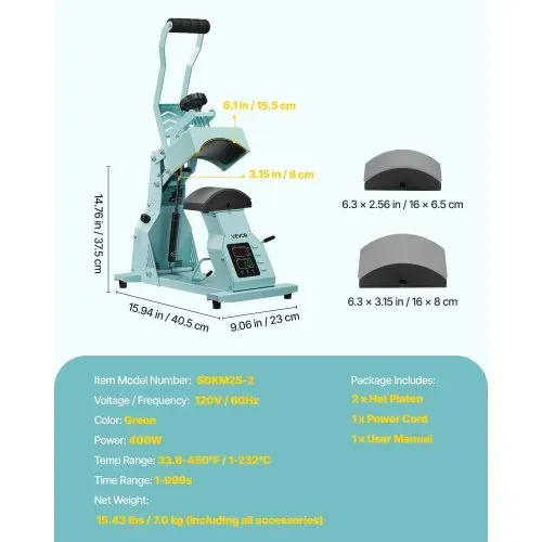 VEVOR Hutpresse mit 2 austauschbaren Platten (16 x 6,5 cm / 16 x 8 cm), Hut-Hitzepresse mit präziser Temperatur- und Zeitregelung, Mützenpresse Heat Press für Kappen Stirnbänder Gesichtsmasken – Bild 6