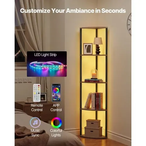 VEVOR Eckregal mit 5 Ebenen, hoher Eckständer mit LED-Licht, Displayregal Lagerregal mit Metallrahmen und Holzregalen, Standregal Ausstellungsbücherregal für Schlafzimmer Wohnzimmer Büro Braun VEVOR Eckregal mit 5 Ebenen, hoher Eckständer mit LED-Licht, Displayregal Lagerregal mit Metallrahmen und Holzregalen, Standregal Ausstellungsbücherregal für Schlafzimmer Wohnzimmer Büro Braun