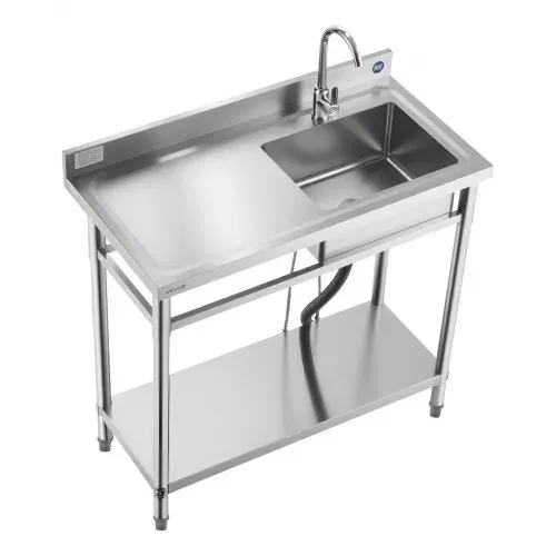 VEVOR Spültisch Spülbecken Edelstahl (100 x 50 x 94 cm), Einzelbecken mit Wasserhahn & Ablage, Küchenspüle für Garage Restaurant Wäscherei, Waschtisch Außenspüle mit Arbeitsplatte (links) – Bild 8