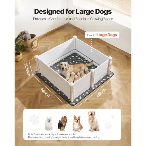 VEVOR Wurfkiste für Hunde, 122x122x46cm, Welpenlaufstall aus Kunststoff-PVC mit höhenverstellbarer Tür & waschbarer Pipi-Unterlage, verformungssicherer Welpenkiste für große Hunde, Milchweiß VEVOR Wurfkiste für Hunde, 122x122x46cm, Welpenlaufstall aus Kunststoff-PVC mit höhenverstellbarer Tür & waschbarer Pipi-Unterlage, verformungssicherer Welpenkiste für große Hunde, Milchweiß