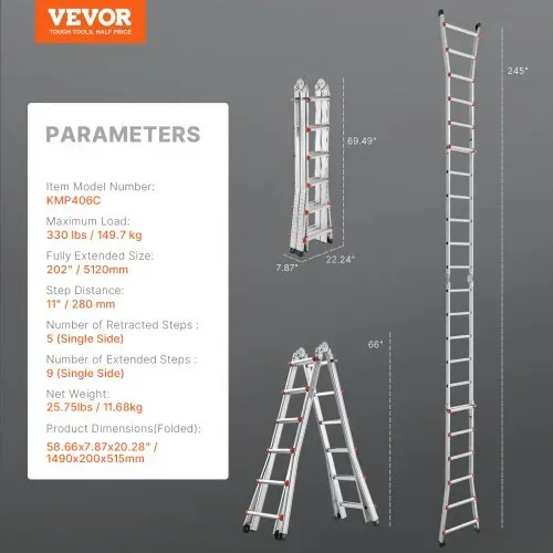 VEVOR Teleskopleiter mit A-Rahmen, 6230 mm kompakte Aluminium-Ausziehleiter, Mehrzweckleiter, Stehleiter, Anlegeleiter, Klappleiter für Hausaufgaben, Treppen, Innen- und Außendächer, 150 kg Tragkraft – Bild 6
