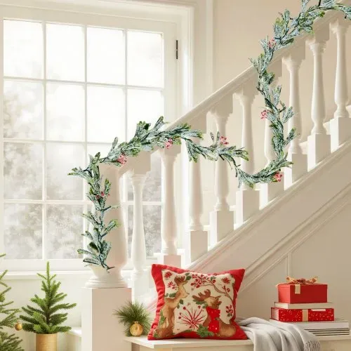VEVOR Weihnachtsgirlande, 2,7 m, realistisches Grün, Tannengirlande, dekoriert mit Weinreben, Olivenblättern & Beeren, immergrüne Kunstgirlanden mit Lichterkette für Weihnachtsdeko für Kaminsims – Bild 7