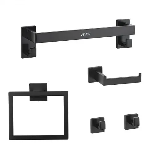 VEVOR Badezimmer Hardware Zubehör Set (5-tlg.) inkl. Handtuchstange (406,4 mm) & Handtuchhalter (quadratischer Ring) & 2 Haken & Toilettenpapierhalter, für Badezimmer, Wandmontage Mattschwarz – Bild 9