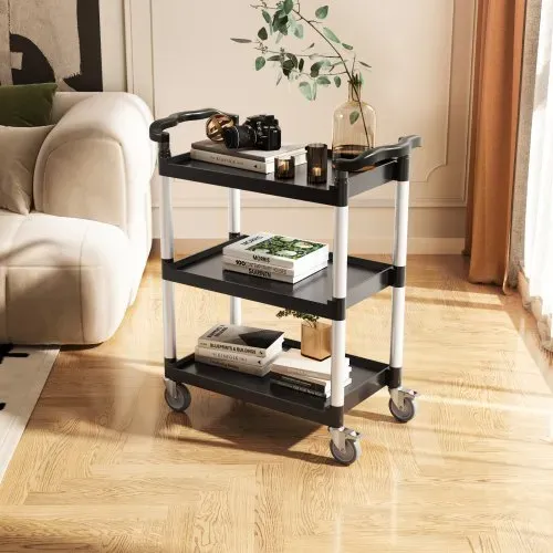 VEVOR Mehrzweckwagen, 136 kg Tragkraft, 2-stufiger Universalwagen aus Kunststoff mit 360° Schwenkrädern (2 mit Bremsen), 800x410x945 mm großer Servierwagen für Lager, Büro, Zuhause, Restaurant, Küche – Bild 7