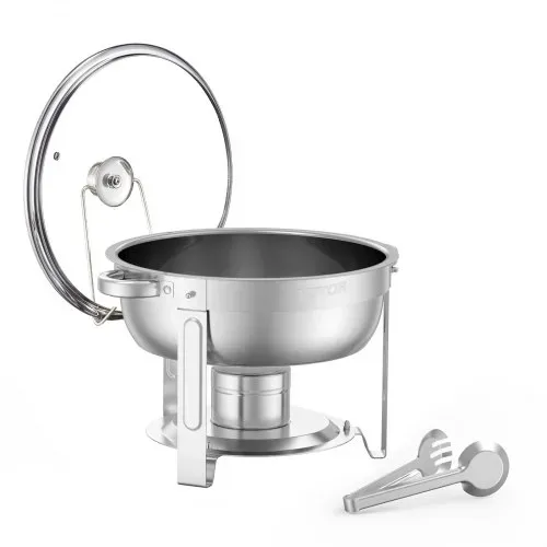 VEVOR Chafing Dish Buffet Speisenwärmer mit 2 Behältern in voller Größe (4,7 L pro), runder Catering-Wärmespender mit Glasdeckel & Wasserpfanne & klappbarer Ständer, für Buffet Partys Silber – Bild 9